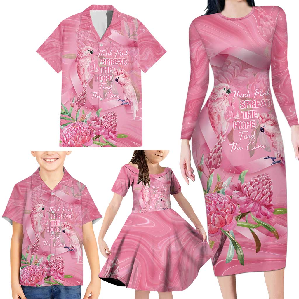 Australia Breast Cancer Awareness Family Matching Long Sleeve Bodycon Dress and Hawaiian Shirt Think Pink Cockatoos Ribbon - Aussie Hoodie