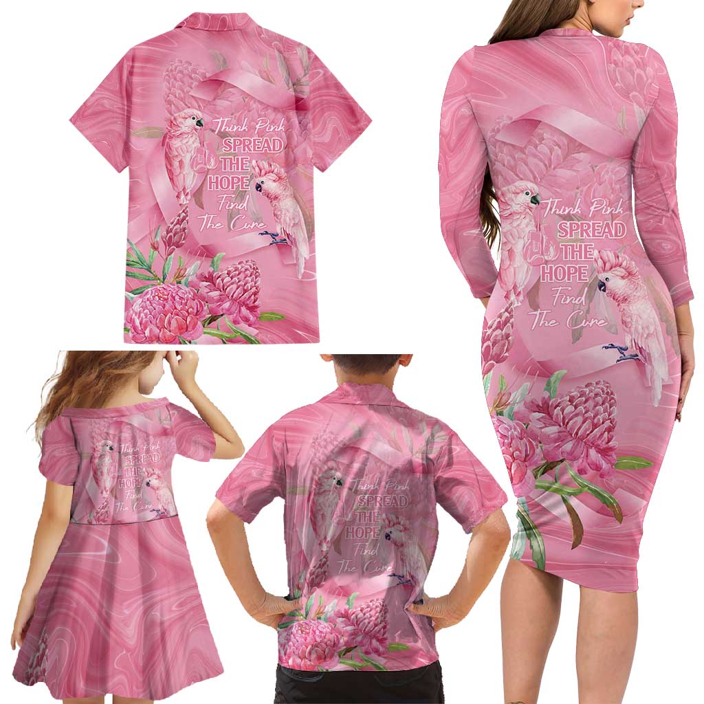 Australia Breast Cancer Awareness Family Matching Long Sleeve Bodycon Dress and Hawaiian Shirt Think Pink Cockatoos Ribbon - Aussie Hoodie