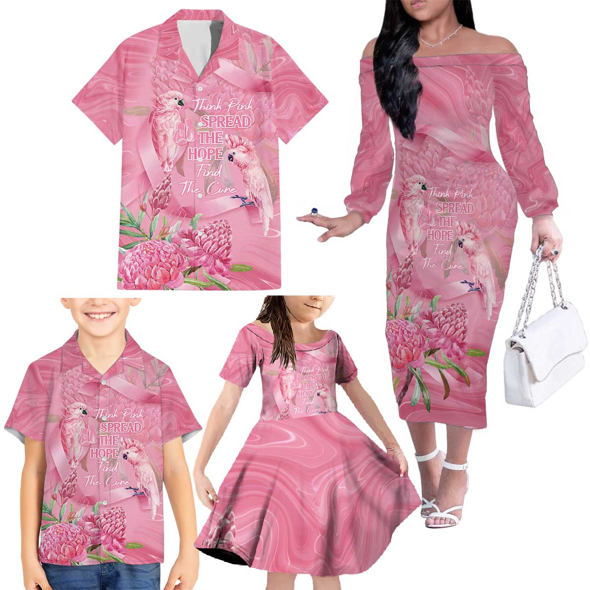 Australia Breast Cancer Awareness Family Matching Off The Shoulder Long Sleeve Dress and Hawaiian Shirt Think Pink Cockatoos Ribbon - Aussie Hoodie