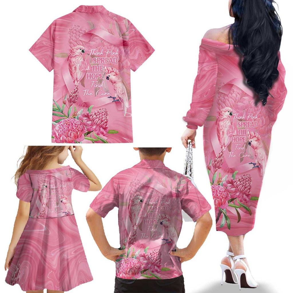 Australia Breast Cancer Awareness Family Matching Off The Shoulder Long Sleeve Dress and Hawaiian Shirt Think Pink Cockatoos Ribbon - Aussie Hoodie