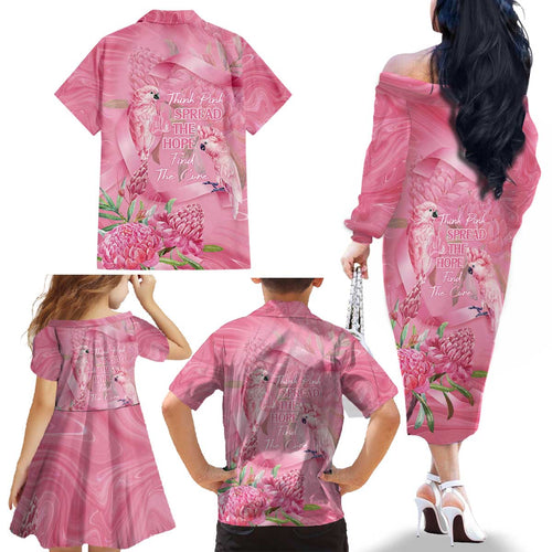 Australia Breast Cancer Awareness Family Matching Off The Shoulder Long Sleeve Dress and Hawaiian Shirt Think Pink Cockatoos Ribbon - Aussie Hoodie