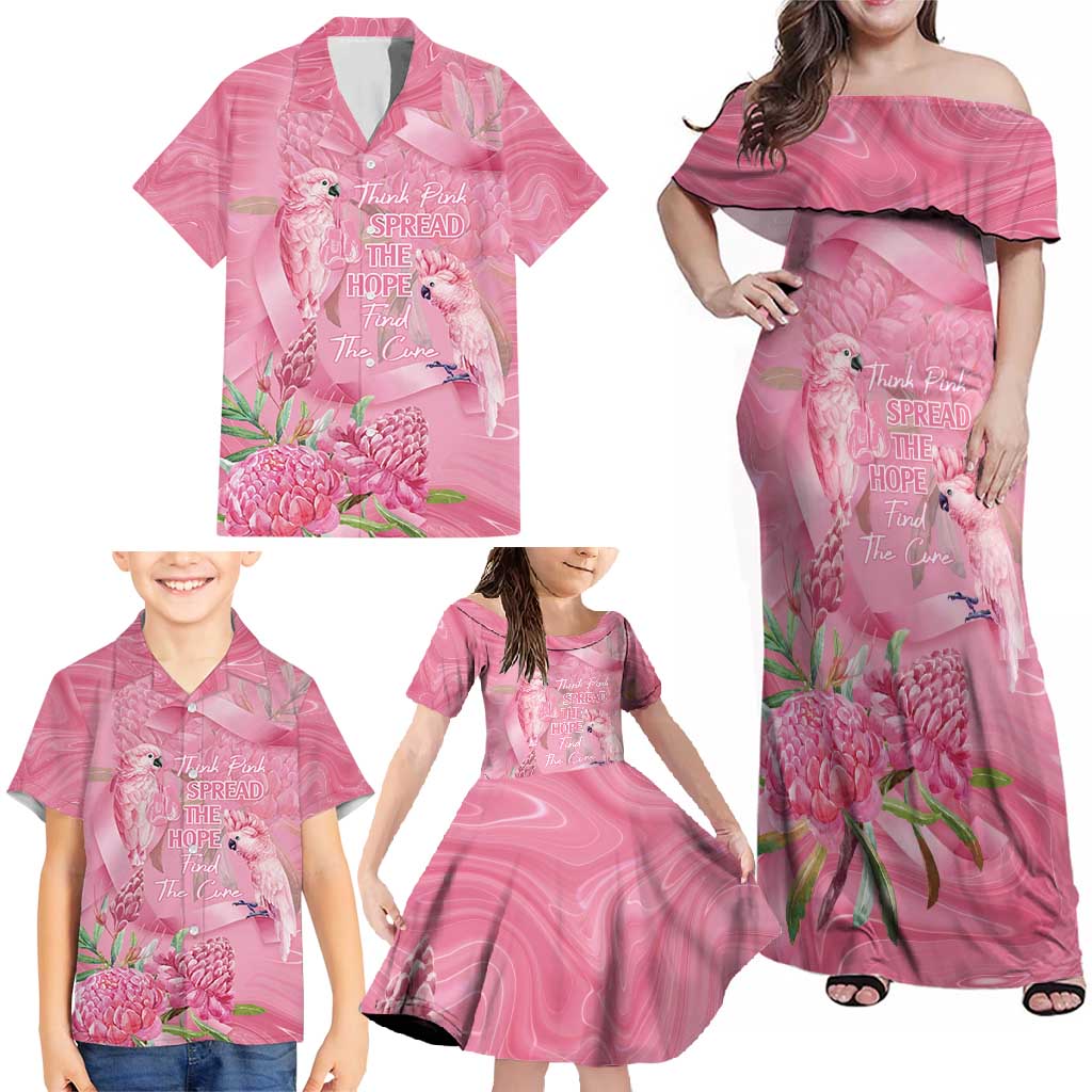 Australia Breast Cancer Awareness Family Matching Off Shoulder Maxi Dress and Hawaiian Shirt Think Pink Cockatoos Ribbon - Aussie Hoodie