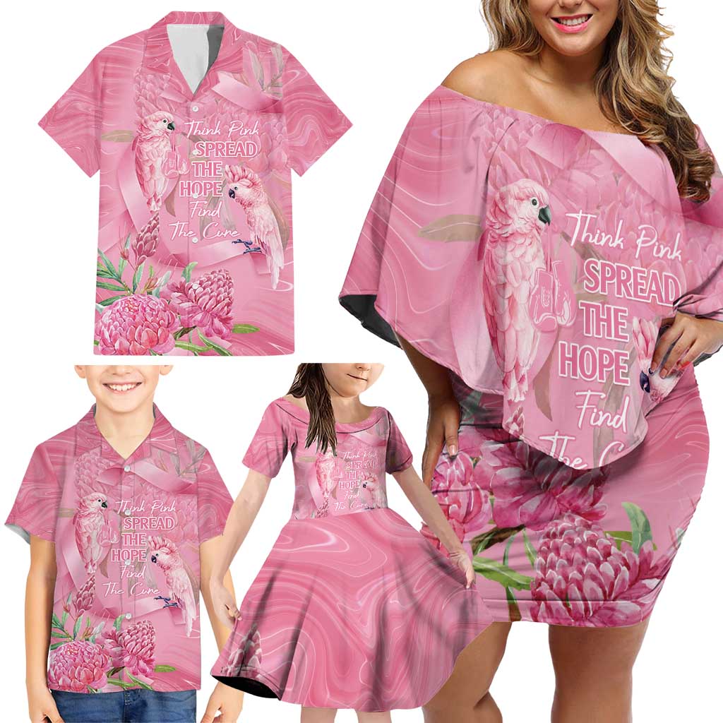 Australia Breast Cancer Awareness Family Matching Off Shoulder Short Dress and Hawaiian Shirt Think Pink Cockatoos Ribbon - Aussie Hoodie