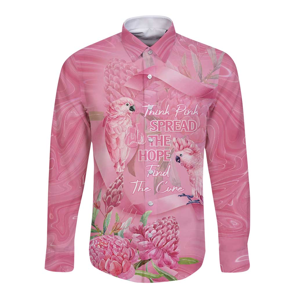 Australia Breast Cancer Awareness Long Sleeve Button Shirt Think Pink Cockatoos Ribbon - Aussie Hoodie