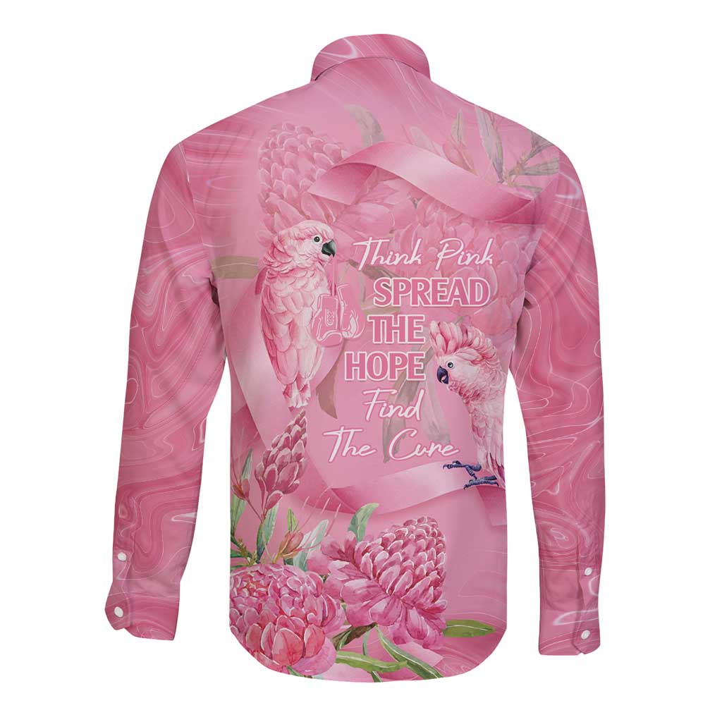 Australia Breast Cancer Awareness Long Sleeve Button Shirt Think Pink Cockatoos Ribbon - Aussie Hoodie