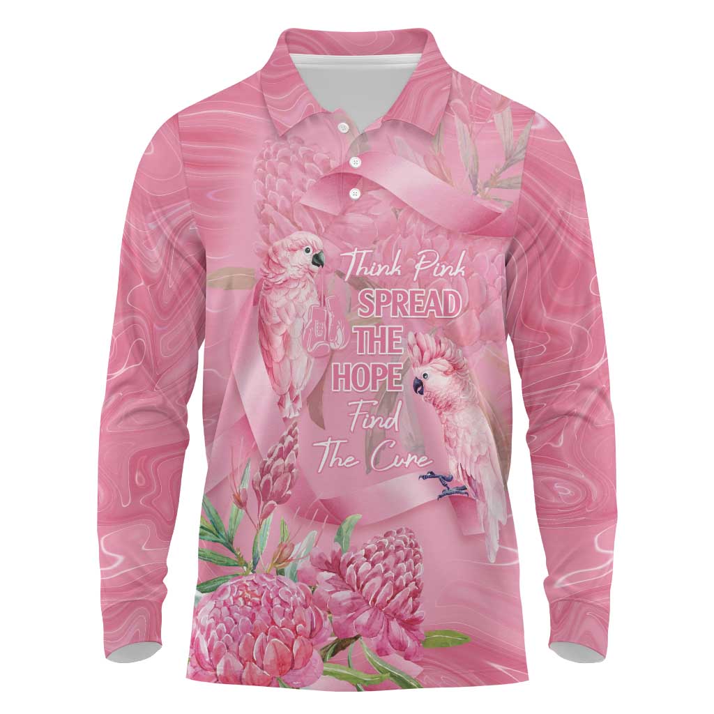 Australia Breast Cancer Awareness Long Sleeve Polo Shirt Think Pink Cockatoos Ribbon - Aussie Hoodie