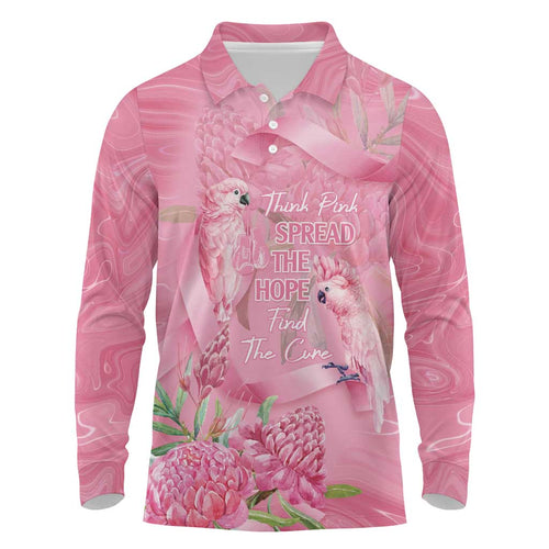 Australia Breast Cancer Awareness Long Sleeve Polo Shirt Think Pink Cockatoos Ribbon - Aussie Hoodie