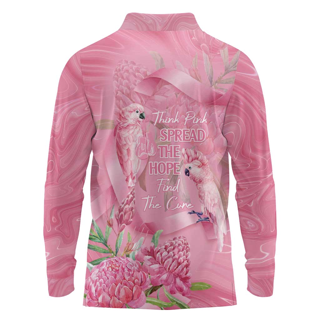 Australia Breast Cancer Awareness Long Sleeve Polo Shirt Think Pink Cockatoos Ribbon - Aussie Hoodie