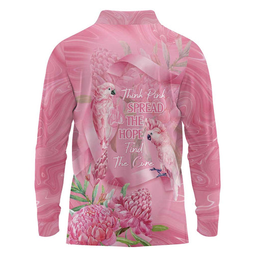 Australia Breast Cancer Awareness Long Sleeve Polo Shirt Think Pink Cockatoos Ribbon - Aussie Hoodie
