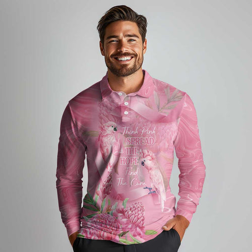 Australia Breast Cancer Awareness Long Sleeve Polo Shirt Think Pink Cockatoos Ribbon - Aussie Hoodie