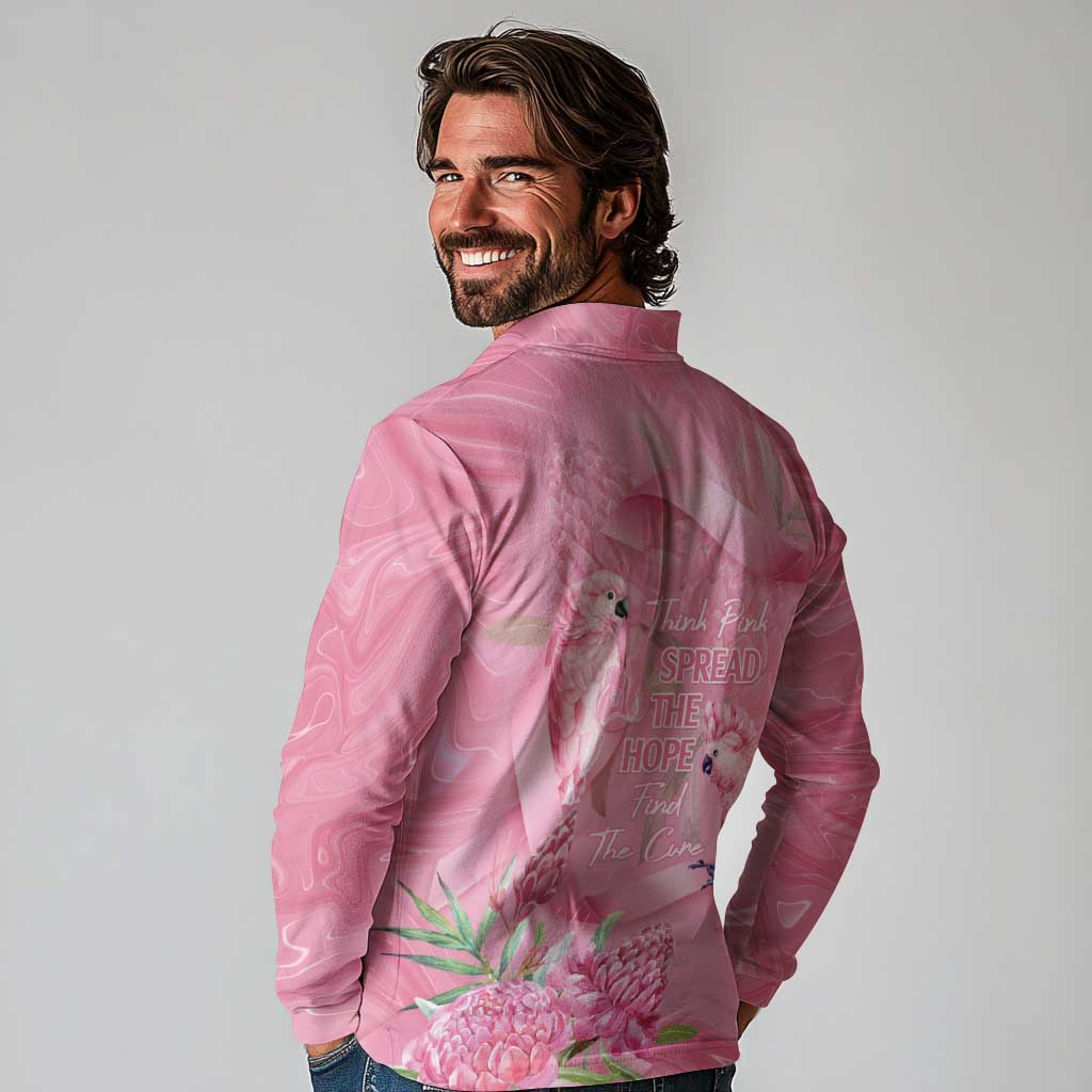 Australia Breast Cancer Awareness Long Sleeve Polo Shirt Think Pink Cockatoos Ribbon - Aussie Hoodie