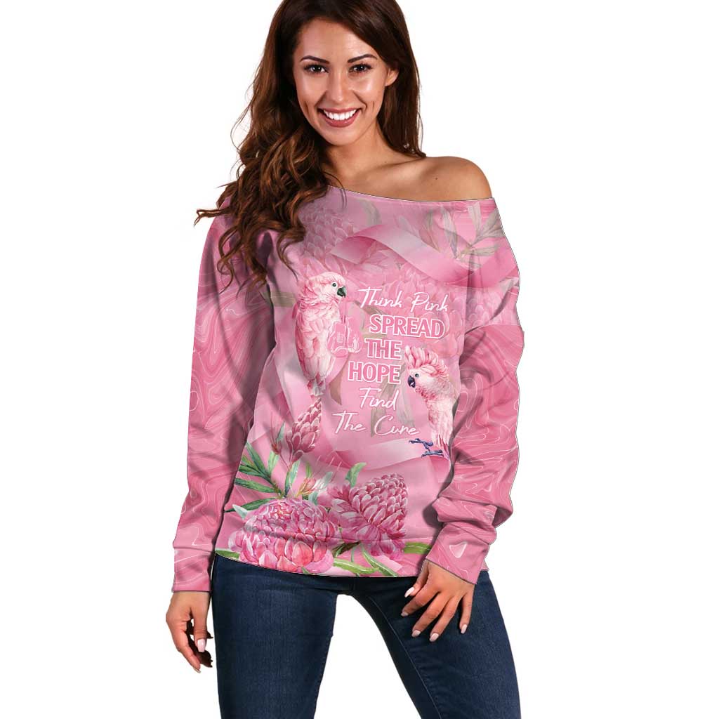Australia Breast Cancer Awareness Off Shoulder Sweater Think Pink Cockatoos Ribbon - Aussie Hoodie