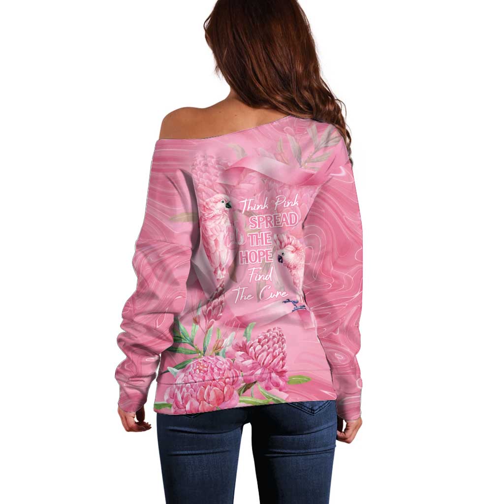 Australia Breast Cancer Awareness Off Shoulder Sweater Think Pink Cockatoos Ribbon - Aussie Hoodie