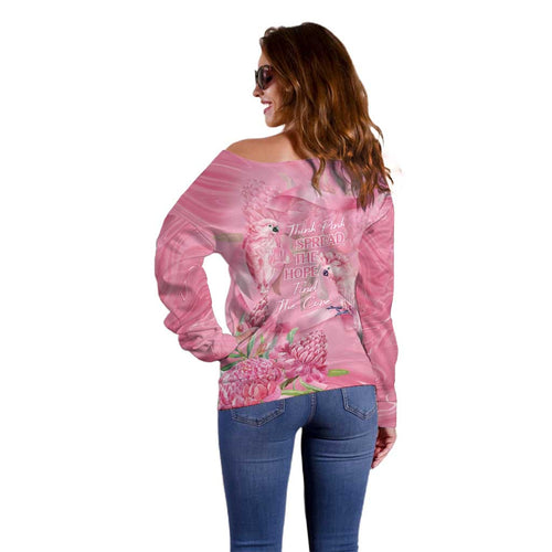 Australia Breast Cancer Awareness Off Shoulder Sweater Think Pink Cockatoos Ribbon - Aussie Hoodie