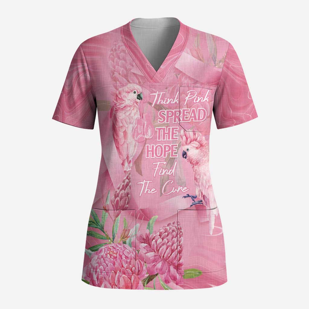 Australia Breast Cancer Awareness Scrub Top Think Pink Cockatoos Ribbon - Aussie Hoodie