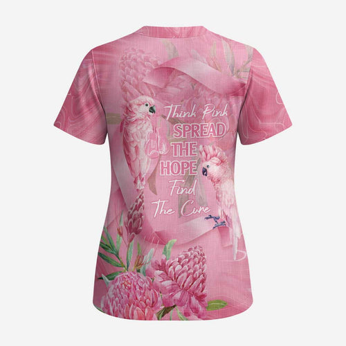 Australia Breast Cancer Awareness Scrub Top Think Pink Cockatoos Ribbon - Aussie Hoodie