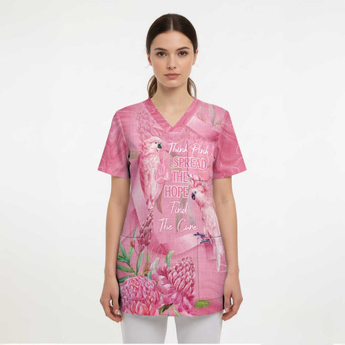 Australia Breast Cancer Awareness Scrub Top Think Pink Cockatoos Ribbon - Aussie Hoodie