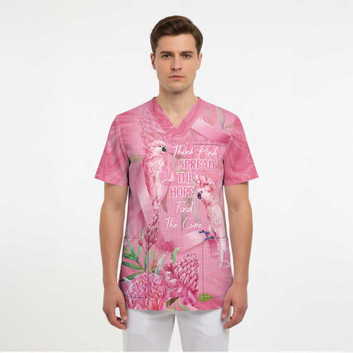Australia Breast Cancer Awareness Scrub Top Think Pink Cockatoos Ribbon - Aussie Hoodie