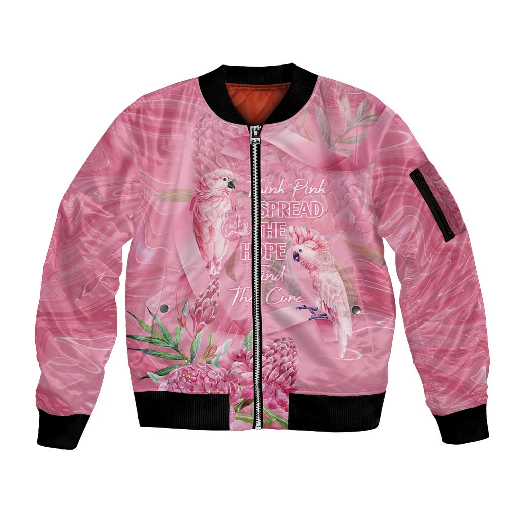 Australia Breast Cancer Awareness Sleeve Zip Bomber Jacket Think Pink Cockatoos Ribbon - Aussie Hoodie