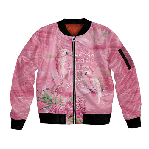 Australia Breast Cancer Awareness Sleeve Zip Bomber Jacket Think Pink Cockatoos Ribbon - Aussie Hoodie