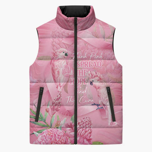 Australia Breast Cancer Awareness Sleeveless Puffer Jacket Think Pink Cockatoos Ribbon - Aussie Hoodie