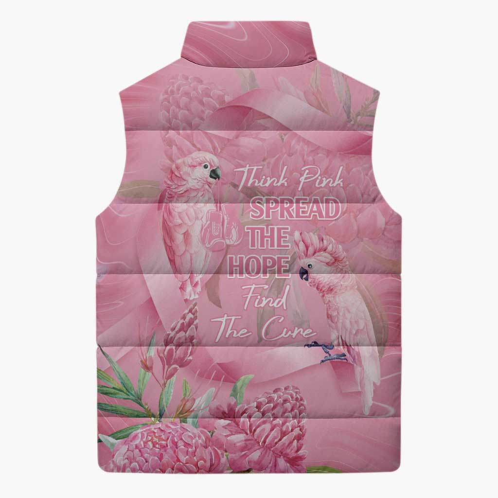 Australia Breast Cancer Awareness Sleeveless Puffer Jacket Think Pink Cockatoos Ribbon - Aussie Hoodie