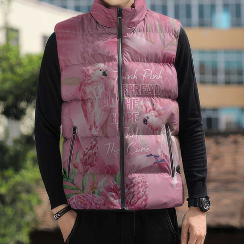 Australia Breast Cancer Awareness Sleeveless Puffer Jacket Think Pink Cockatoos Ribbon - Aussie Hoodie
