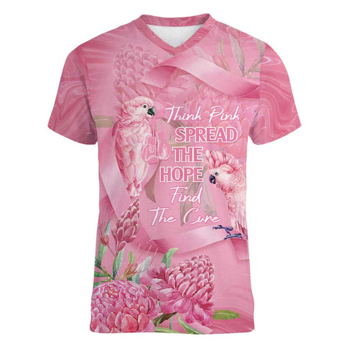 Australia Breast Cancer Awareness Women V-Neck T-Shirt Think Pink Cockatoos Ribbon - Aussie Hoodie