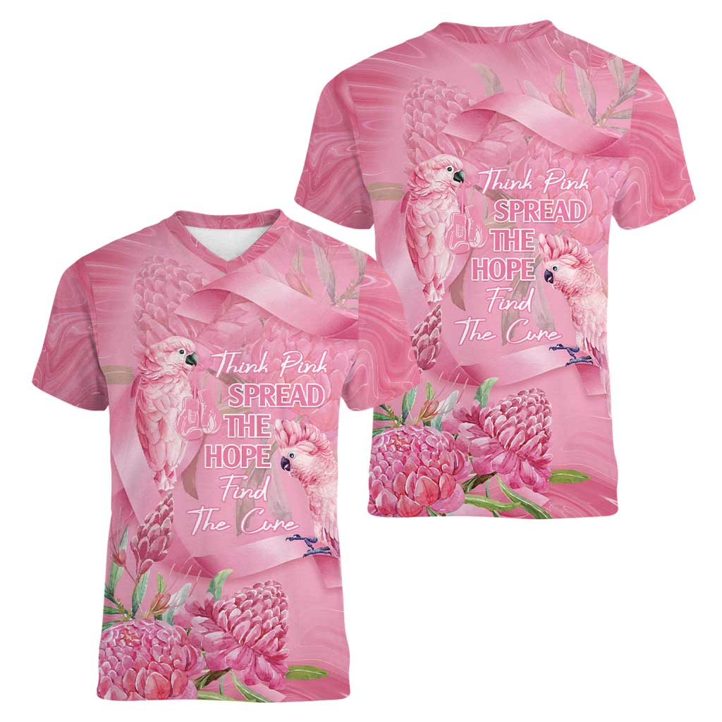 Australia Breast Cancer Awareness Women V-Neck T-Shirt Think Pink Cockatoos Ribbon - Aussie Hoodie