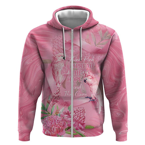 Australia Breast Cancer Awareness Zip Hoodie Think Pink Cockatoos Ribbon - Aussie Hoodie