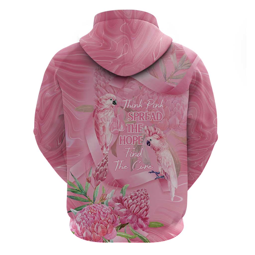 Australia Breast Cancer Awareness Zip Hoodie Think Pink Cockatoos Ribbon - Aussie Hoodie