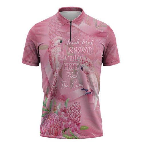 Australia Breast Cancer Awareness Zipper Polo Shirt Think Pink Cockatoos Ribbon - Aussie Hoodie