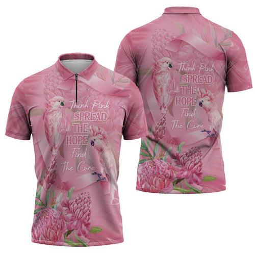Australia Breast Cancer Awareness Zipper Polo Shirt Think Pink Cockatoos Ribbon - Aussie Hoodie