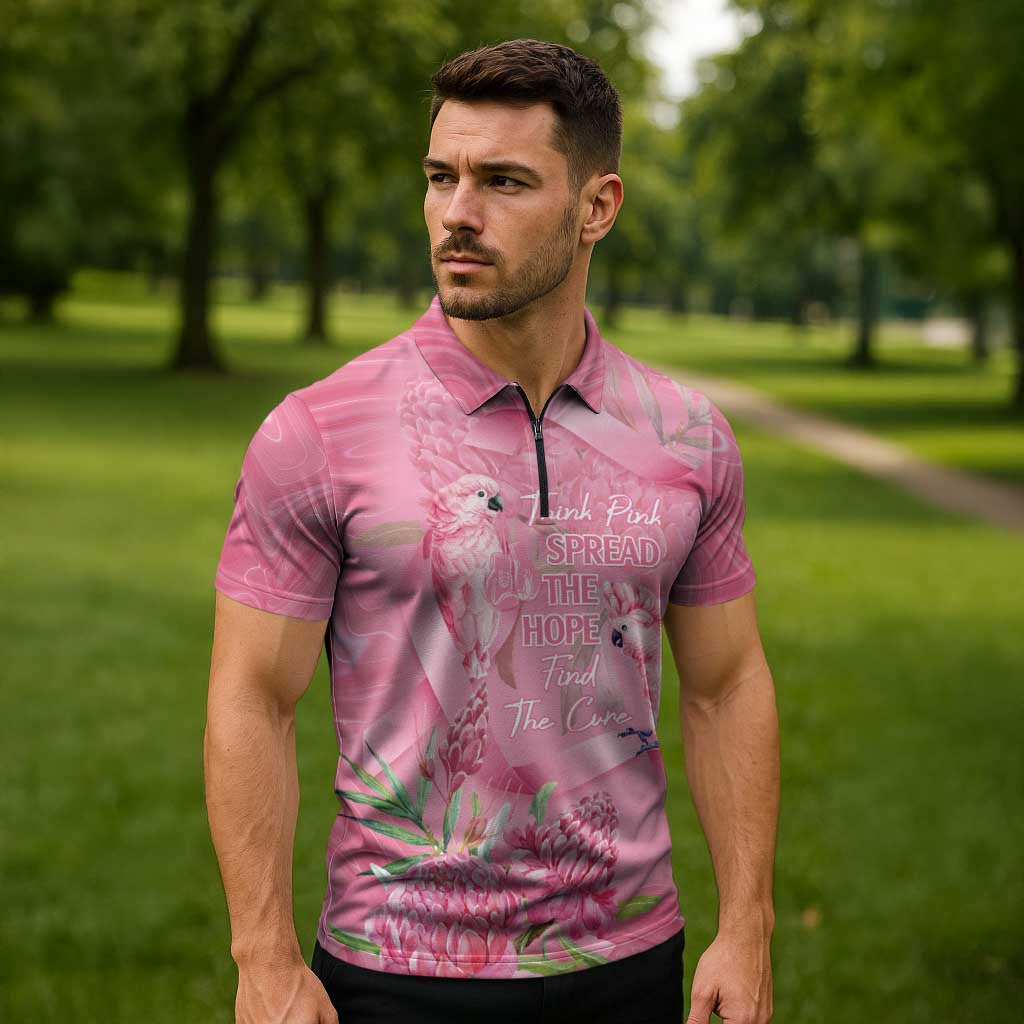 Australia Breast Cancer Awareness Zipper Polo Shirt Think Pink Cockatoos Ribbon - Aussie Hoodie