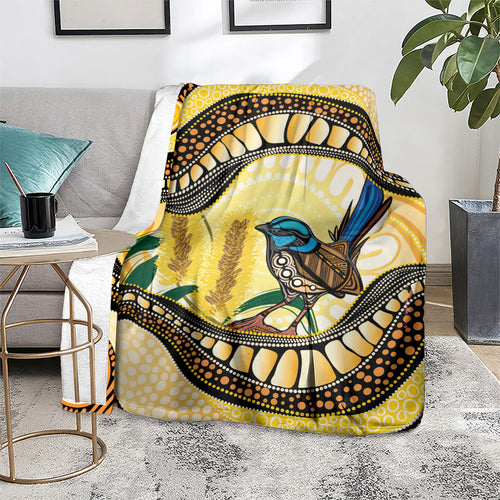 Superb Fairywren Bottlebrush Australia Indigenous Art Blanket