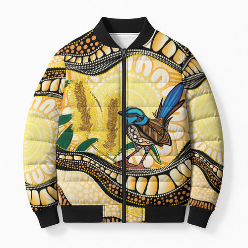 Superb Fairywren Bottlebrush Australia Indigenous Art Bomber Puffer Jacket