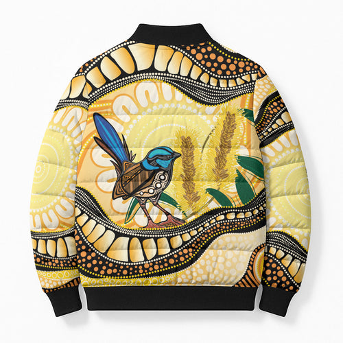 Superb Fairywren Bottlebrush Australia Indigenous Art Bomber Puffer Jacket