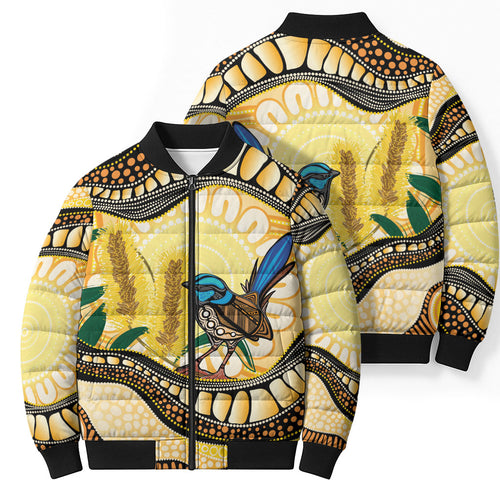 Superb Fairywren Bottlebrush Australia Indigenous Art Bomber Puffer Jacket