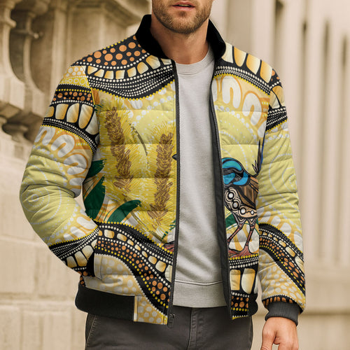 Superb Fairywren Bottlebrush Australia Indigenous Art Bomber Puffer Jacket
