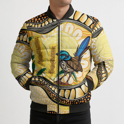 Superb Fairywren Bottlebrush Australia Indigenous Art Bomber Puffer Jacket