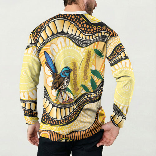 Superb Fairywren Bottlebrush Australia Indigenous Art Button Sweatshirt