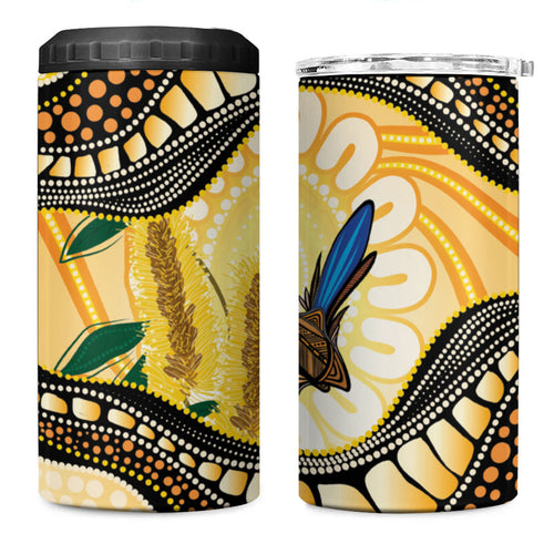 Superb Fairywren Bottlebrush Australia Indigenous Art 4 in 1 Can Cooler Tumbler