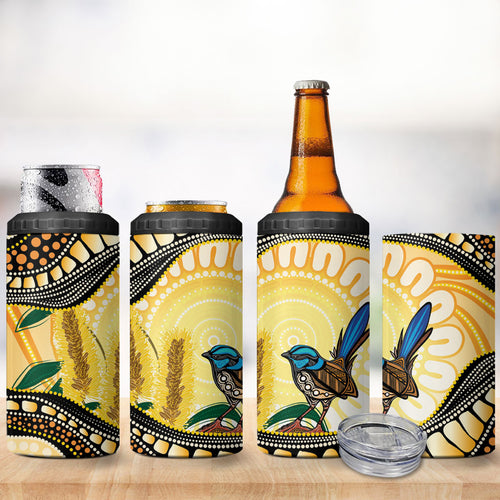 Superb Fairywren Bottlebrush Australia Indigenous Art 4 in 1 Can Cooler Tumbler