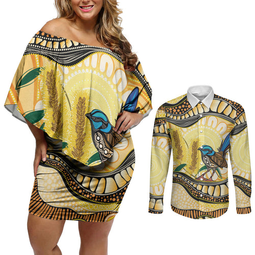 Superb Fairywren Bottlebrush Australia Indigenous Art Couples Matching Off Shoulder Short Dress and Long Sleeve Button Shirt
