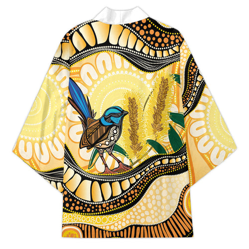 Superb Fairywren Bottlebrush Australia Indigenous Art Kimono