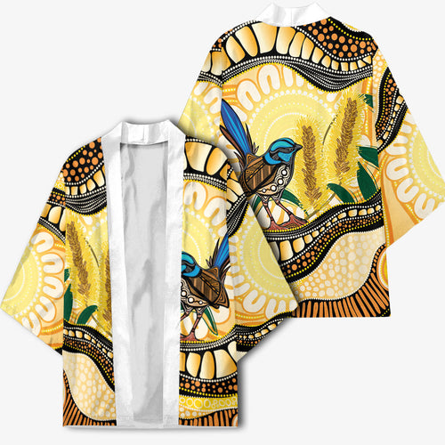 Superb Fairywren Bottlebrush Australia Indigenous Art Kimono