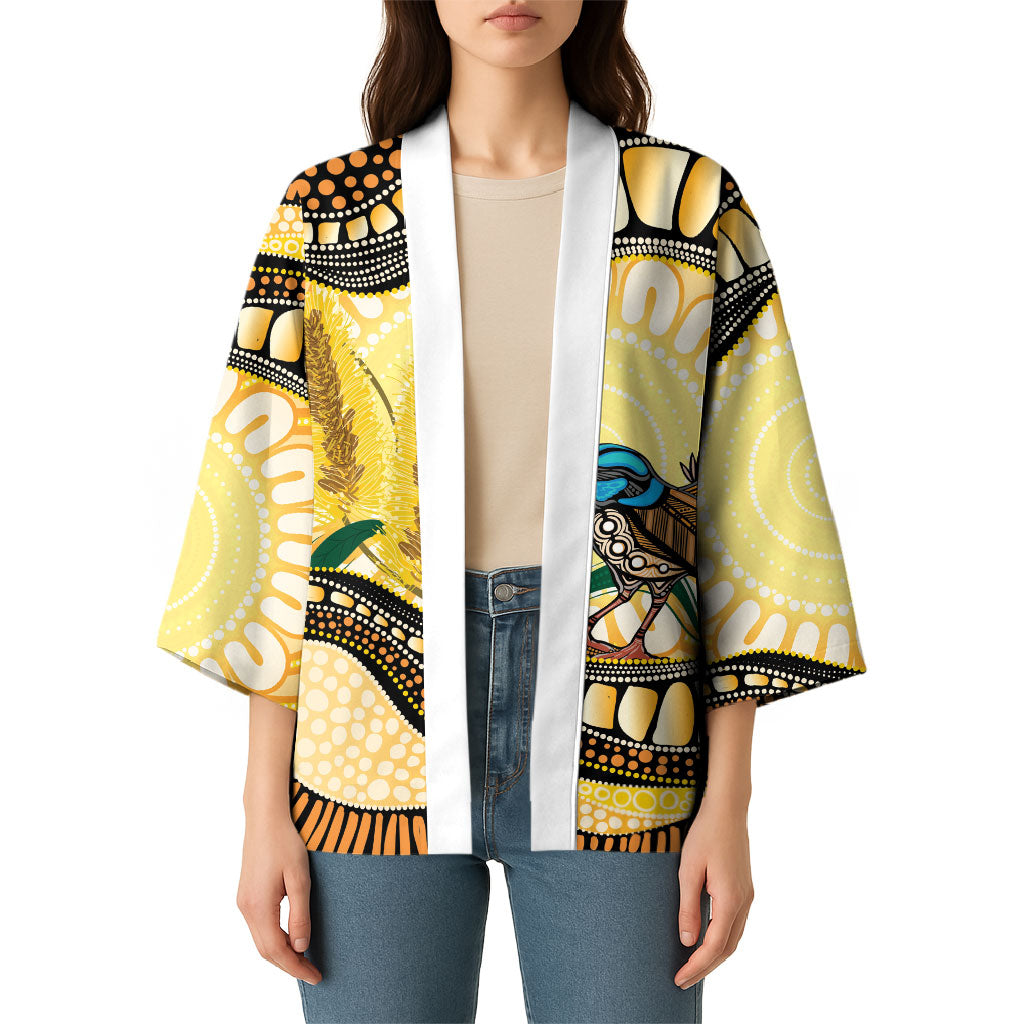 Superb Fairywren Bottlebrush Australia Indigenous Art Kimono