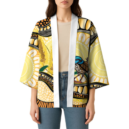 Superb Fairywren Bottlebrush Australia Indigenous Art Kimono