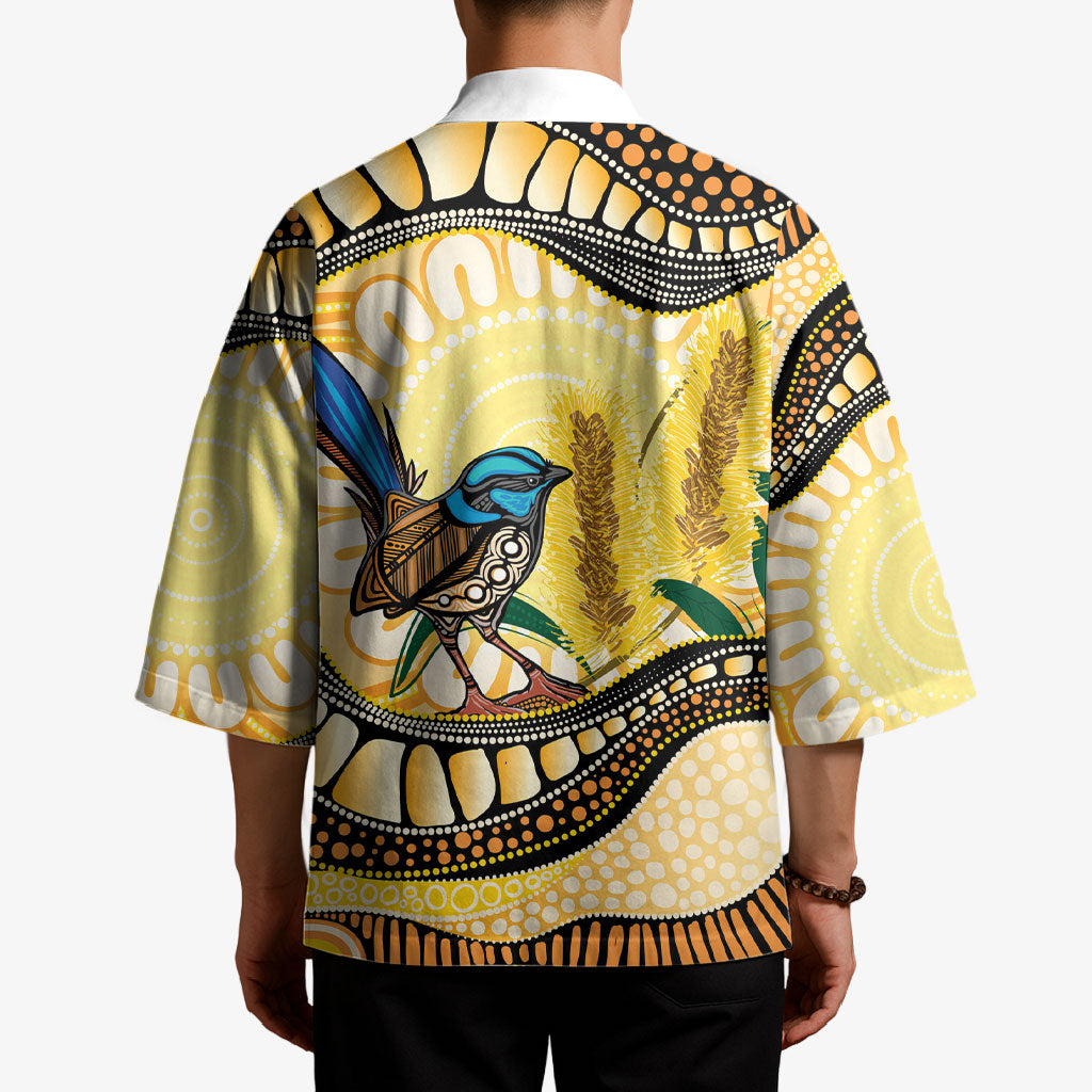 Superb Fairywren Bottlebrush Australia Indigenous Art Kimono