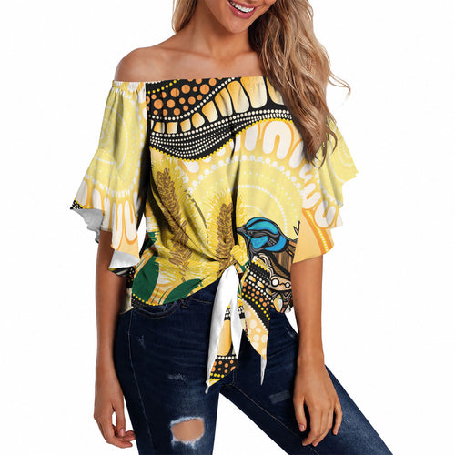 Superb Fairywren Bottlebrush Australia Indigenous Art Off Shoulder Wrap Waist Top